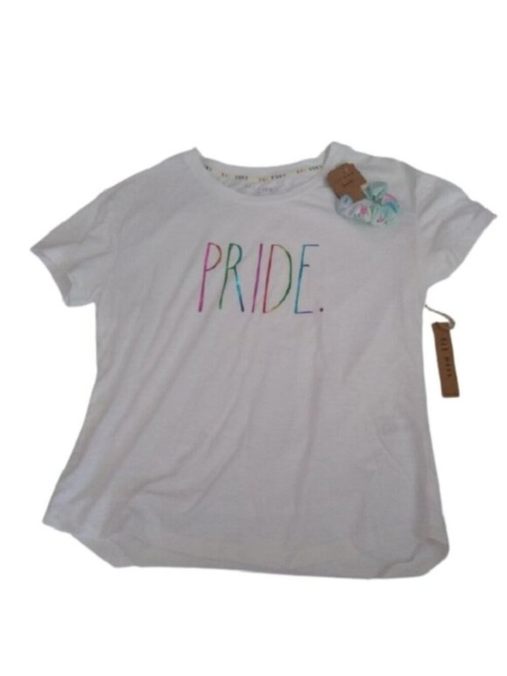 Rae Dunn PRIDE Tee rainbow letters w/ Scrunchie, Large